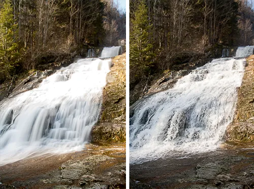 Cascade avec une vitesse d'obturation lente à gauche, rapide à droite